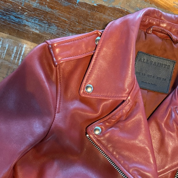 All Saints Dark-Cherry Leather Balfern Biker Jacket (size- US:6, EU:38, UK:10) - Picture 10 of 14